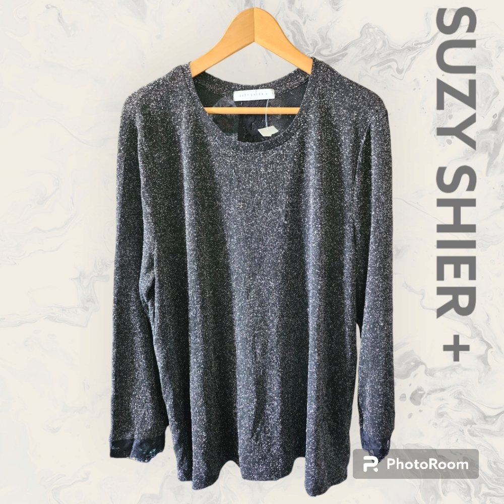 🆕️Suzy Shier + Size 2X Metallic Lace Detail Lace-Up Back Blouse Black Metallic